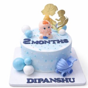 Personalized 2-Month Baby Milestone Cake – Blue & White Stroller Theme