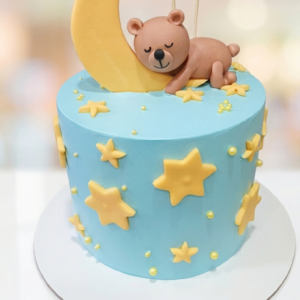 Sleeping Bear on Moon Birthday Cake – Pastel Blue & Yellow Star Fondant Cake