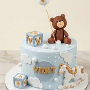 Teddy Bear & Rocking Horse Birthday Cake – Custom Pastel Blue Baby Shower Cake