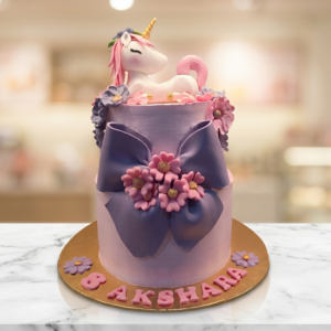 ​Magical Unicorn Two-Tier Birthday Cake – Pastel Purple Fondant Bow & Floral Cake
